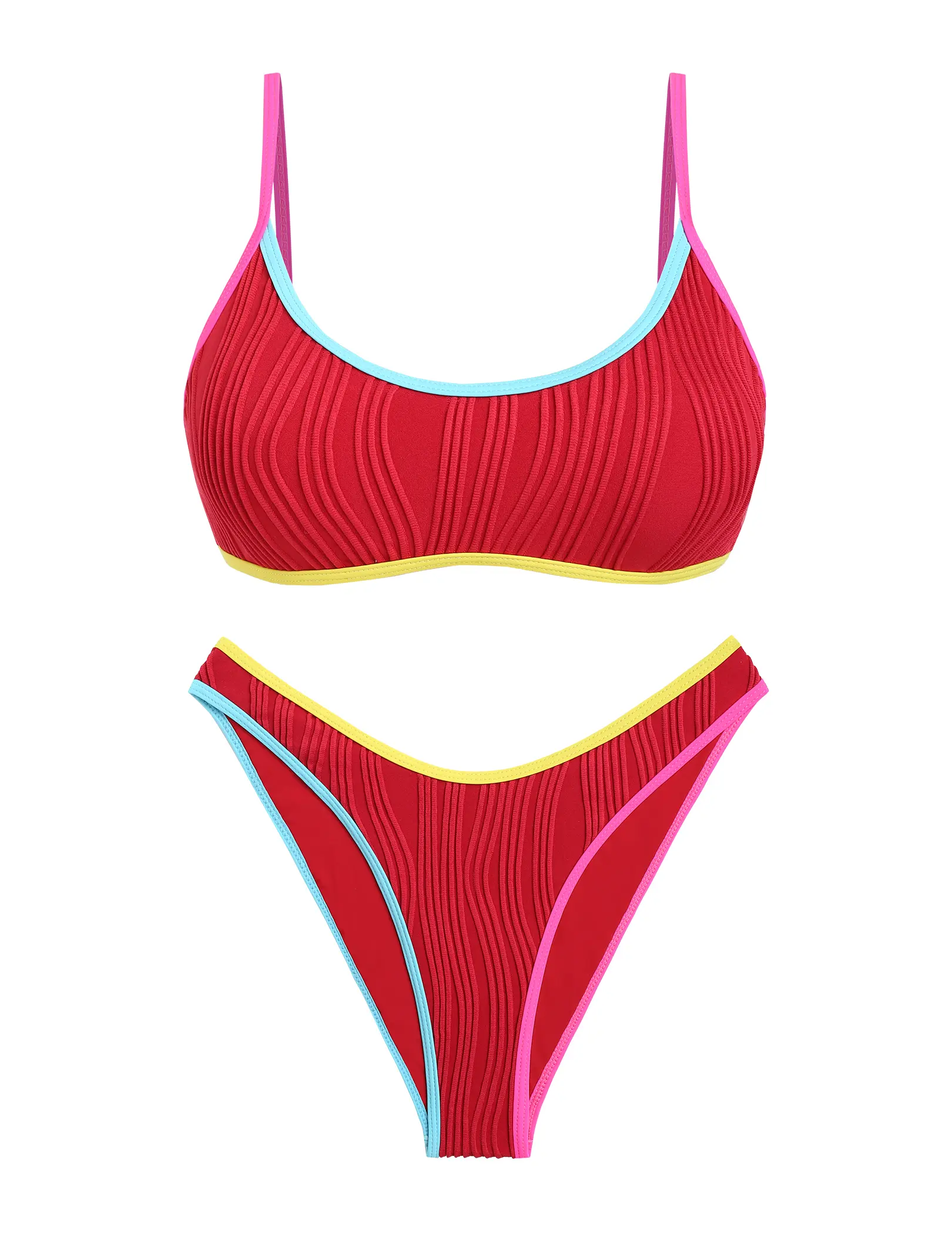 2026 Viral ZAFUL Women Ribbed Color Block High Cut Bikini Set Scoop Neck Cheeky Bathing Suit Bright Lightweight Beach Resort Swimwear