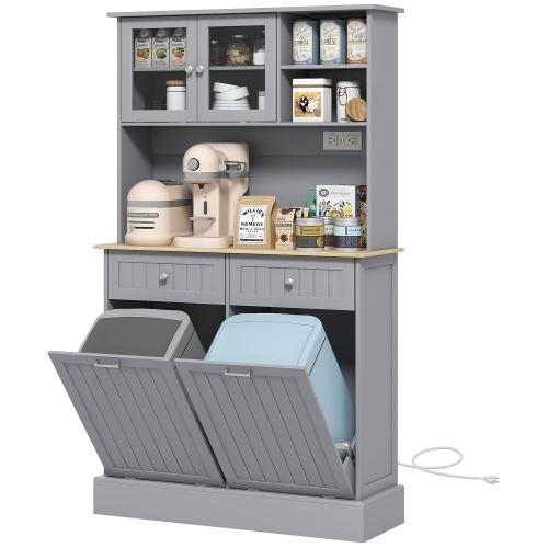 Bellemave HOMCOM 68" Multi Purpose Organized Open Storage Kitchen Furniture Cabinet with Charging Station, 2 Tilt-Out Trash Cabinets, Microwave Stand, Glass Doors & Adjustable Shelf, Freestanding Hutch, Open Storage Cabinet, Multi Purpose Kitchen Furnitur