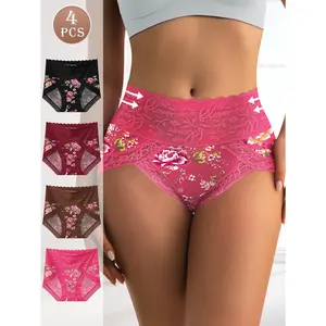 QUASTI 4PCS Mid Waisted Lace Printed Lightweight Panties, Breathable Skin-friendly Hip Lifting Color Blocking No Show Full Coverage Elegant Underwear, Basic Fit Briefs Daily Wear, S-XXL