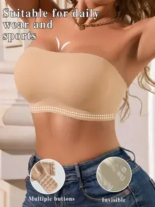 Anti-Slip Strapless Bandeau Bra, Everyday, Jelly Strip Soft Support, Multi-Row Adjustable Closure, Seamless Invisible Cut, Suitable For Daily Commute And Sports