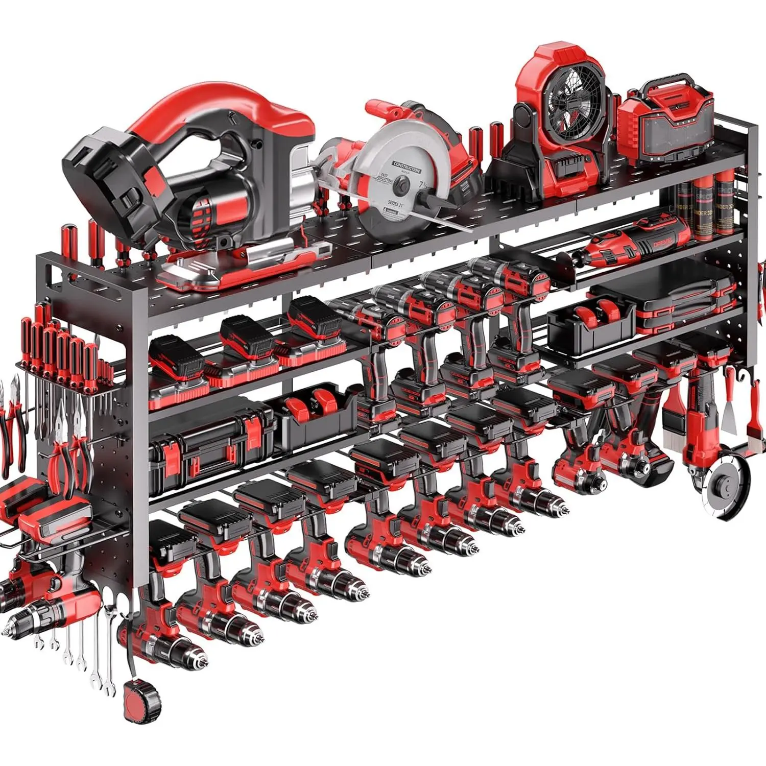 49.8" W Super Large Power Tool Organizer Wall Mount,4-Layer Heavy Duty Tool Storage with 18 Cordless Drill Holder,600 lb Capacity Garage Organization for Garage and Workshop (Black)