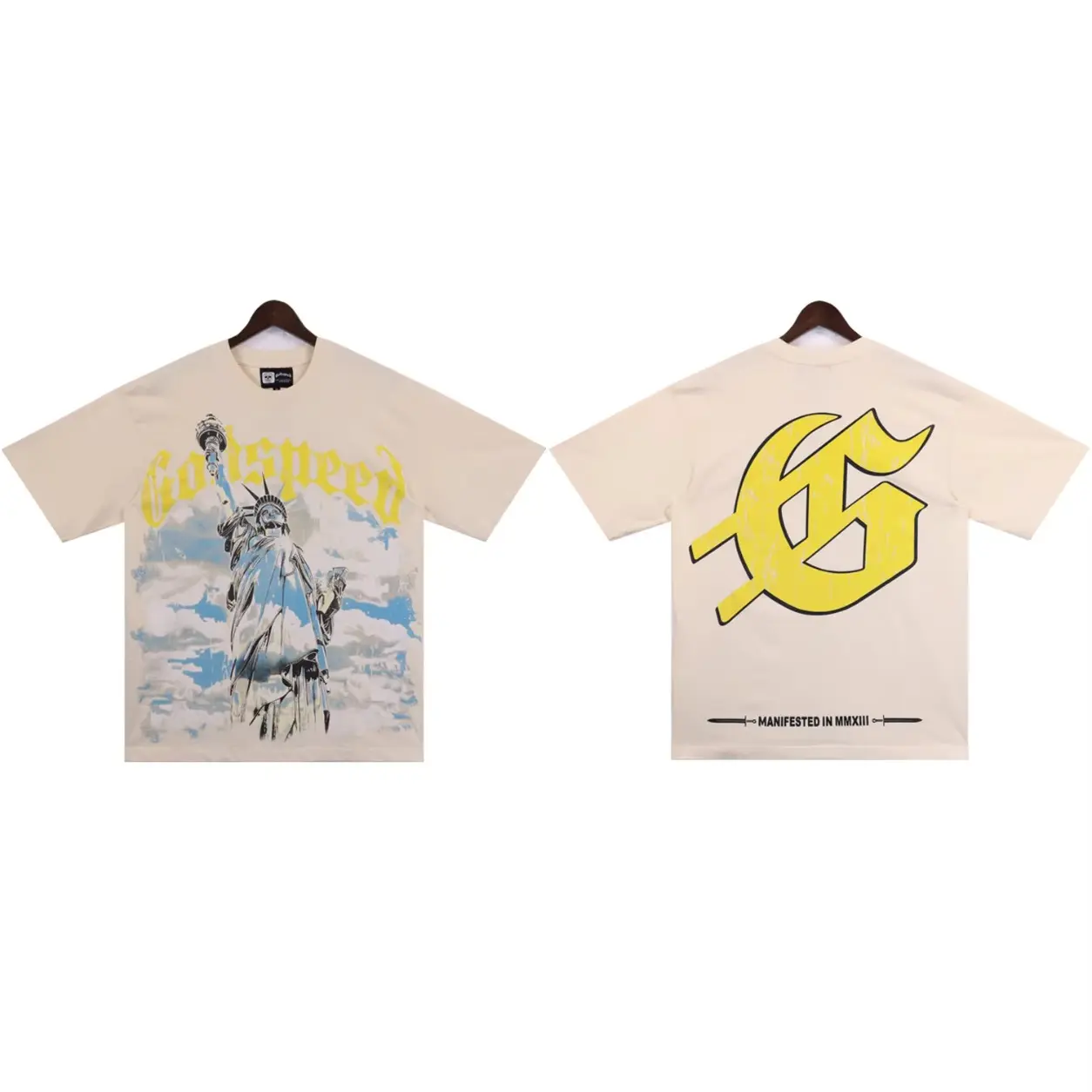 Summer New Godspeed Cotton T-Shirt Men Women, Classic Vintage Wash Old GOD SPEED Alphabet Letter Guitar Denim Print, Y2K Hip Hop Streetwear Couple Outdoor Loose Short Sleeve Tee