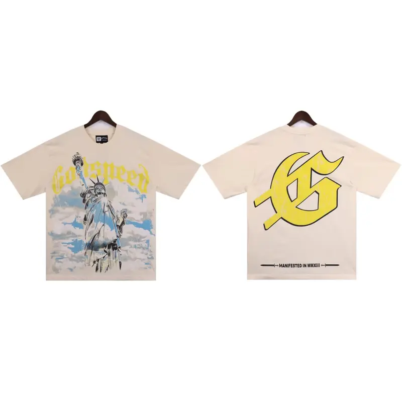 Summer New Godspeed Cotton T-Shirt Men Women, Classic Vintage Wash Old GOD SPEED Alphabet Letter Guitar Denim Print, Y2K Hip Hop Streetwear Couple Outdoor Loose Short Sleeve Tee