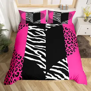 Feelyou Pink Leopard Duvet Cover Set - Cute Zebra Heart, Geometric Patchwork Stripes Comforter Quilt Cover, Romantic Wild Animal Fur Design, Women's Bedroom Decor & Bedroom Accessories