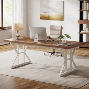LITTLE TREE 70.86-Inch Large Executive Desk, Industrial Home Office Computer Desk, Simple Long Writing Study Table Business Furniture