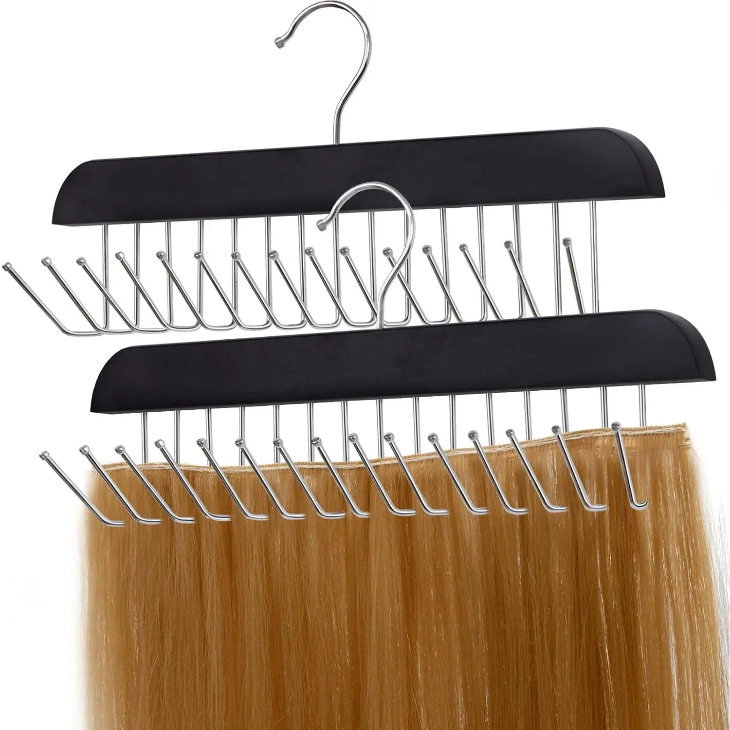 Black Hair Extension Holder for Styling, Washing, Drying. Braiding Hair Rack for Weft, Clip in, Tape in and Halo Extensions. 2 Packs Hair Extension Hanger for Closet.