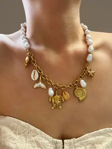 Stainless Steel Turtle Conch Starfish Imitation Pearl Pendant Necklace for Women Elegant Necklace Fashion Creative Jewelry Anti-Tarnish