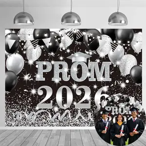 Prom 2026 Backdrop 7x5FT Black and  Prom Send Off Photography Background Class of 2026 Congrats Grad Classroom Decoration Banner Photo Booth Props