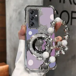 A36 Fashion Series Pearl Strap Lanyard Phone Holder Case For Compatible With Samsung Galaxy A36 5G Transparent Magnetic Glitter Cover Phone Decoration and Shockproof Large Purple Flowers Protector Cases
