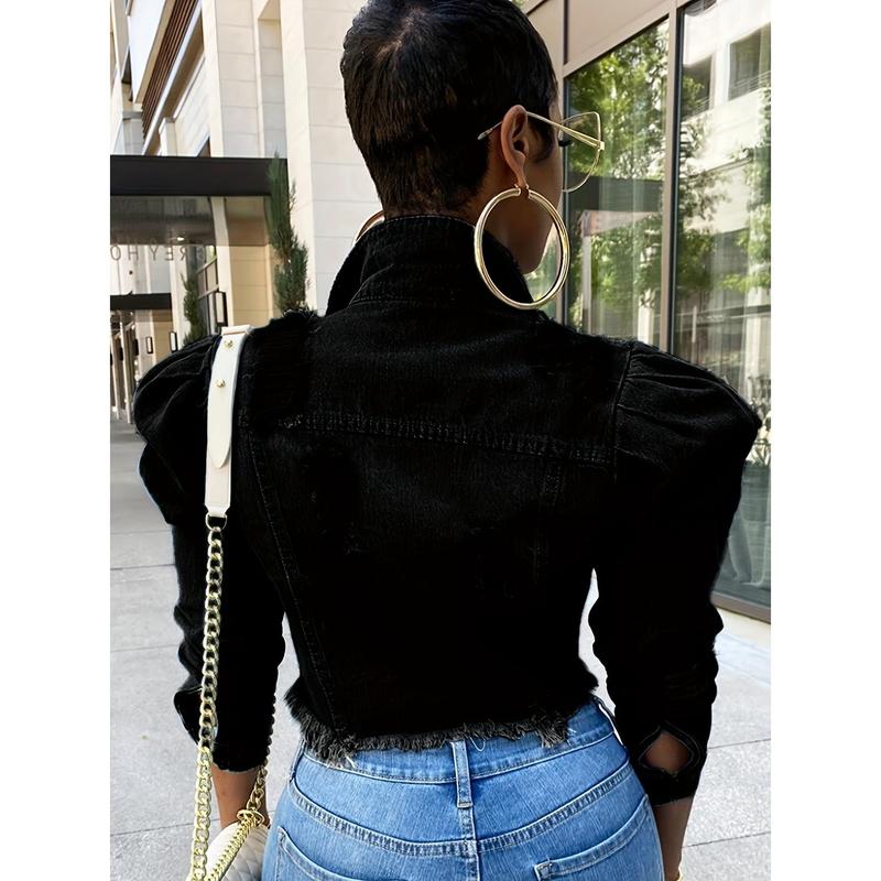 Women's Distressed Denim Jacket - Casual Black Cropped Jean Coat with Raw Hem & Puff Sleeves, Button- Style for Spring/Fall