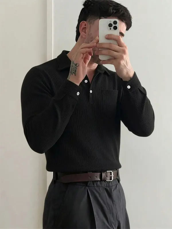 Men’s fall clothing corduroy long-sleeve polo shirt, solid color, stylish casual everyday wear, versatile turn-down collar top