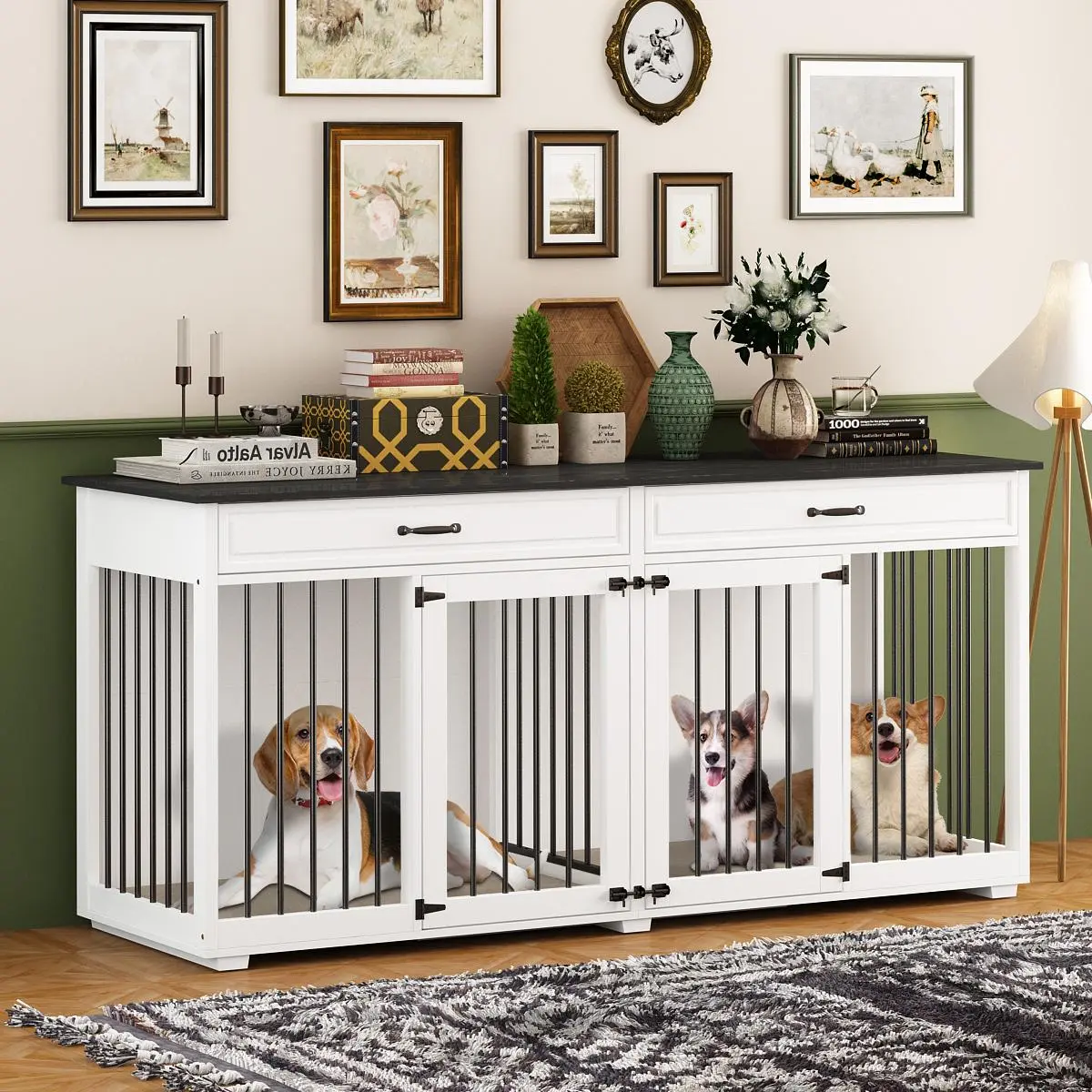FUFU&GAGA 72" Large Heavy Duty Indoor Wooden Dog Kennel Crate - Single Unit with Drawers, Divider, Double Rooms, Double Locks, Ventilation Rail for Storage Organization