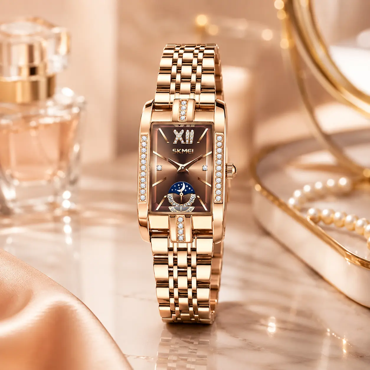 ddun SKMEI Women's Elegant Light Luxury Analog Stainless Steel Strap Watch for Female Wear - 22mm Gold-Accented Rectangular Face, 3ATM Waterproof Watch (30-50M), Durable Classical Bracelet-Style Quartz Movement, Cut Glass Surface