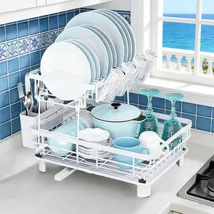 Stainless Steel Bowl and Dish Drying Rack Space Saving Durable Rust Proof Large Two Layer Detachable Cutlery Rack with Cup Holders for Kitchen Counters