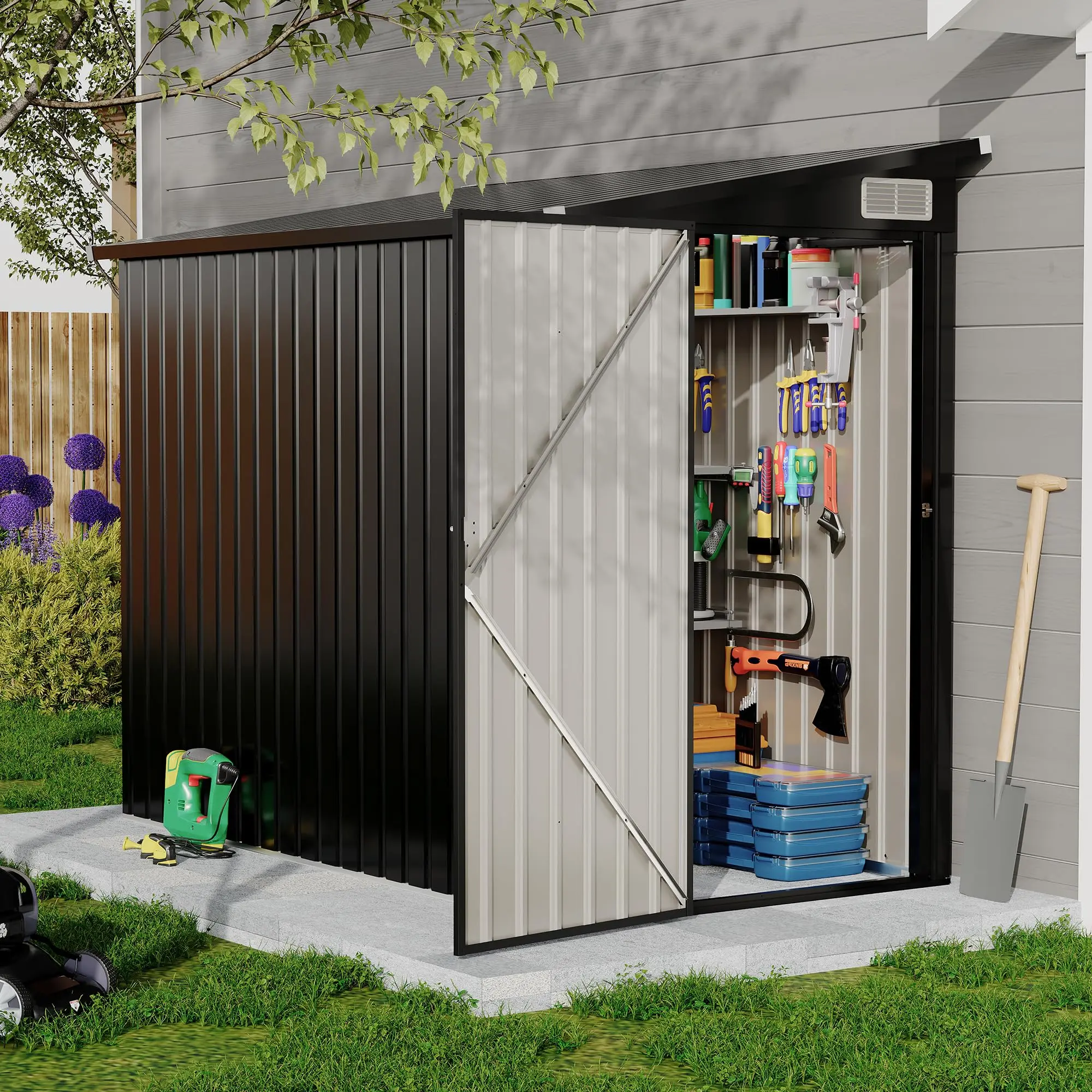【GARVEE】 4x8ft Lean-To Metal Outdoor Storage Shed, Space-Saving Tool House with Pent Roof, Lockable Single Door Heavy-Duty Garden Shed for Backyard & Patio