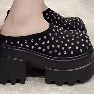 Y2K Women's Studded Faux Suede Mule Slide Shoe with Platform Design and Stud Detailing