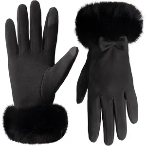 Women Touch Screen Gloves, Fleece Lined Winter Gloves for Ladies, Thermal Suede Gloves Fur Cuff for Girls Gifts