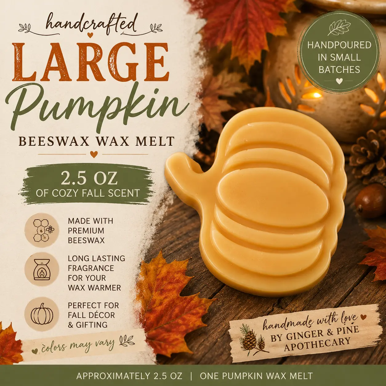 Large Pumpkin Beeswax Wax Melt | Handmade 2.5 oz Fall Wax Melt