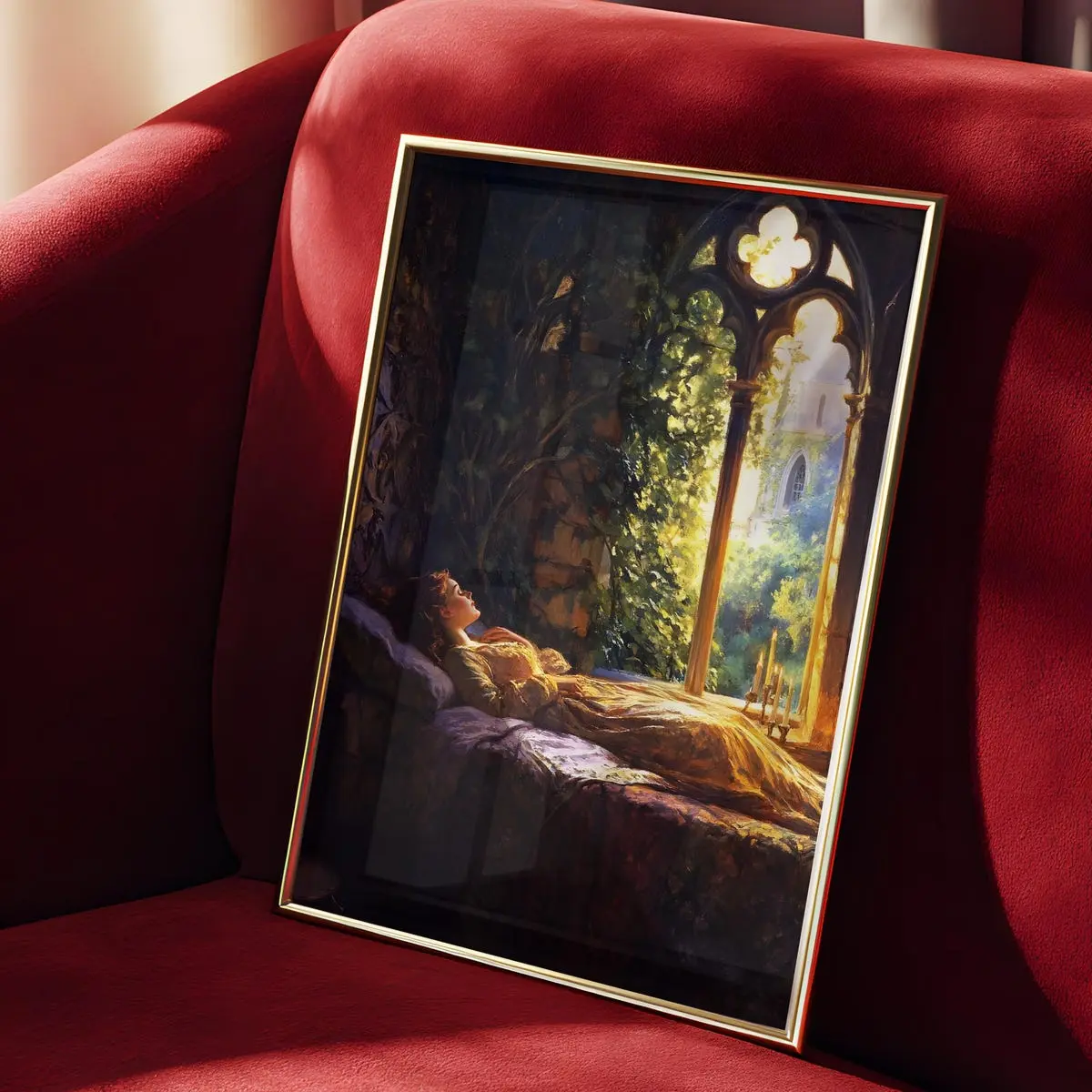 Sleeping Beauty Wall Art, Golden Light Medieval Princess Poster, Romantic Fantasy Decor with Gothic Window Print, 5 Size, 8x12 to 27x40 inch, Room Decor, Unframed