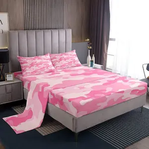 Pink Camo Sheet Set,Modern Fashion Camouflage Bedding Set,4pcs for Kids Boys Girls Teens Bedroom Decor Army Abstract Camo Bed Sheet Rose Pink Soft Fitted + Flat Sheet