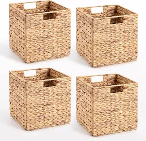 Woven Storage Boxes Square Hand Woven Shelf Basket with Built-in Handles Natural Foldable Eco-Friendly Water Hyacinth Material Strong Load-Bearing Capacity for Home Organization