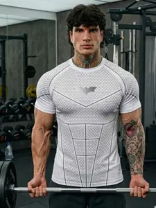 Batman Men's Fitness Short Sleeve T-Shirt, Athletic Shirt, High Stretch Tight Fit, Sporty Commute Wear, All over Print, Long Clothing, Short Sleeves