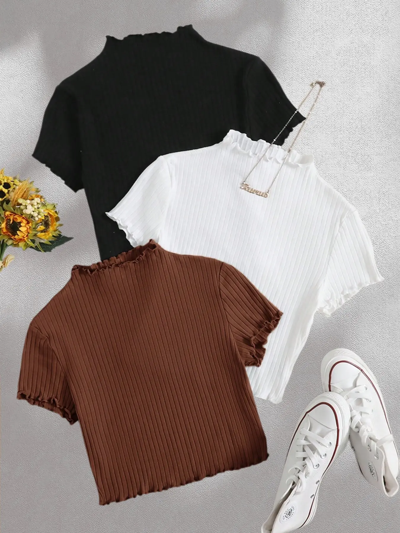 Wooden Collar Half High Neck Ribbed Chic Women's T-Shirt, Essential Everyday Commuter Wear, Three Color Combination Slimming Short Sleeve Top