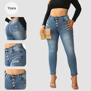 Women's Stretch Denim Pants Elastic Waist Slim Fit with Button Closure Fabric Jean Skinny Bottoms Casual Leg