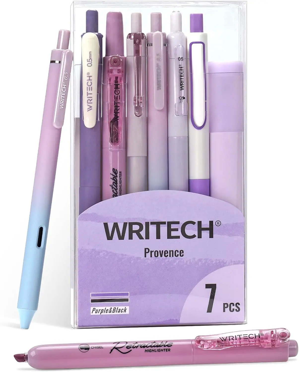 Aesthetic Journaling Gel Pens & Highlighters Set (Purple, 7ct) - Assorted Pastel Ink, 0.5mm Fine Point Retractable, 0.7mm Black Pen, No Bleed Ink, Aesthetic Appeal, Detailed Writing, Easy Storage, Smooth for Writing & Drawing, Journaling Highlighters
