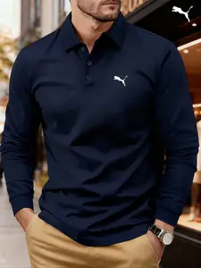 Men's Plus Size Solid Long Sleeve Fitted Polo Shirt, High-End Fashion Fabric, Casual Sports Leisure Wear, All Seasons, Leopard Print