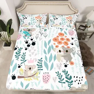 Kawaii Koala Bedding Set,Cartoon Koala Fitted Sheet,Cute Love Heart Leaf Flower Bed Sheets for Kids Girls Boys,Paw Print Animals Sheets with