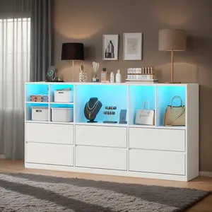 Dresser for Bedroom with 6 Drawers, Chest of Drawers with Led Lights and Charging Station, Storage Drawers with 7 Open Cubbies cicada  drawer nursery  dresser