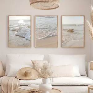 3-Piece Bohemian Style Beige Beach Coast Landscape Canvas Wall Art Print, Ocean Poster, Modern Art, Modern Home Decoration, Sunset Beach Print, Natural Landscape Wall Decoration, Ideal Gift for Bedroom, Living Room, Summer Decoration