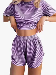 Women's Fall Season Knitted Striped Pajamas, Loose Fit Short Sleeves & Shorts Set, Casual Comfortable Sleepwear for Daily Wear