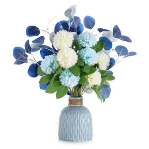 Fake Flowers in Vase Decoration Artificial Silk Flower Bouquet with Vases for Table Centrepiece Decor Plastic Blue Faux Floral Arrangement Display for Garden Wedding Party Living Room Window