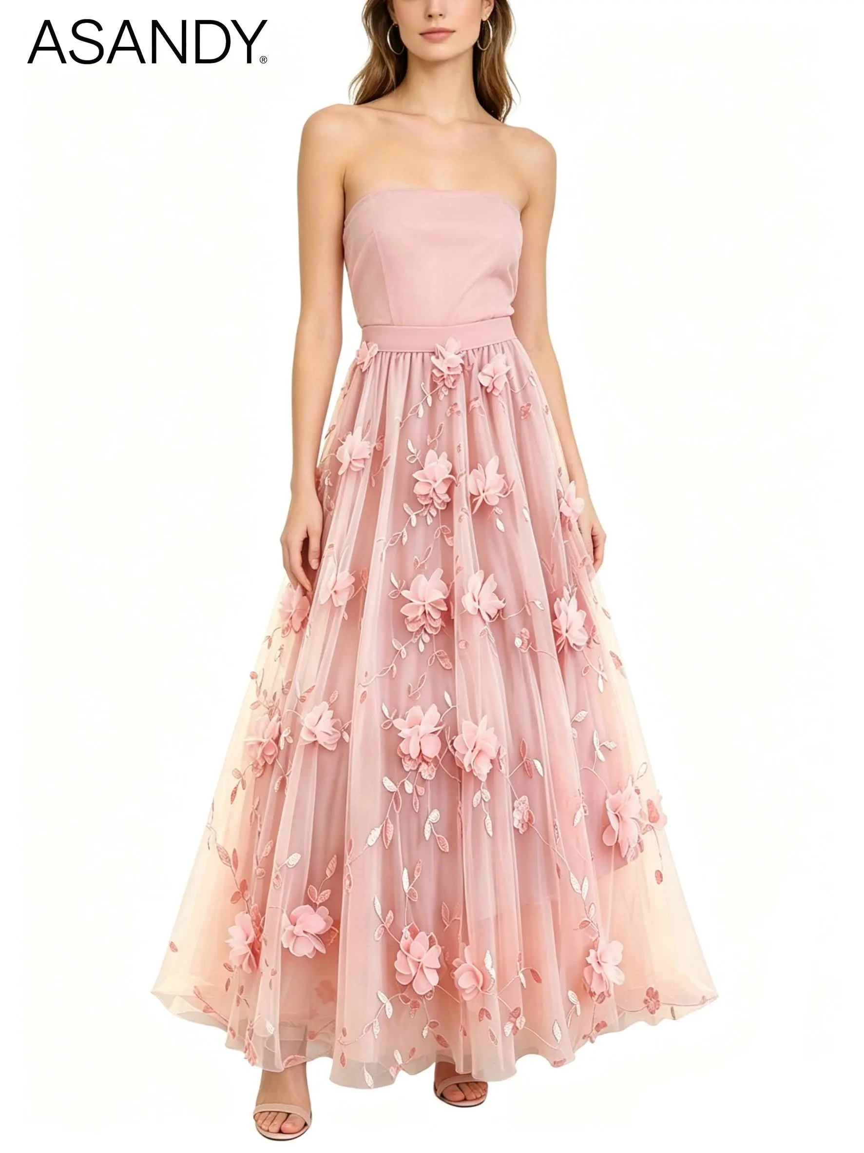 ASANDY Women's High-Waisted A-Line Tulle Maxi Skirt - 3D Floral Embroidery, Handmade Flower Appliqués, Elegant Formal Bottoms with Premium Fabric, Flattering Fit (1-Piece)
