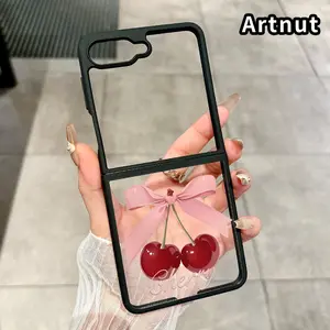 Cherry with Bow Pattern Phone Case for Z Flip 7/6/5/4 Silicone TPU Protective Folding Case with Double Protection and Camera Lens Cover