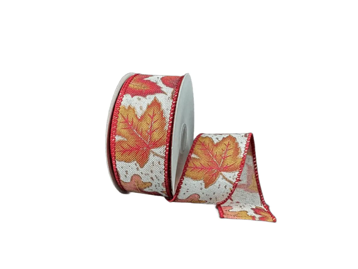 1.5" Ivory Linen Ribbon with Large Plum, Pink & Yellow Falling Leaves – 10 Yard Roll
