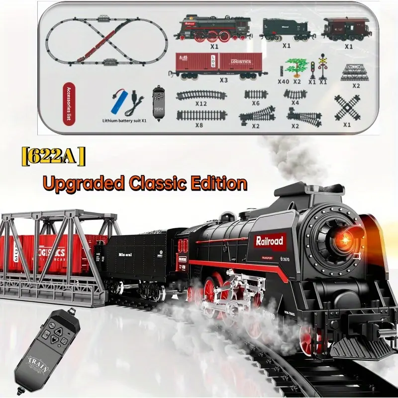 Train Model Set, Includes 3 Types of Smoke Engines, 5 Carriages, Deluxe Track Kit, Realistic Train Sounds and Lights, Rechargeable Battery, Best Gift for Train Enthusiasts year boys girl