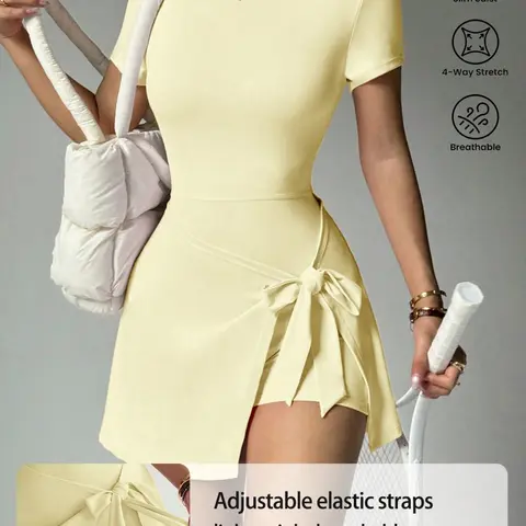 Women's Crew Neck Tennis Romper, Short-Sleeve Tie Front Design, Breathable Sporty Style, Above-Knee Length, All-Season Wear, Workout Active Athletic Dress, Exercise Dress, Fitness Workout Dress, Active Dresses