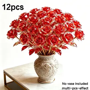 12 Crystal Artificial Rose Arrangements - Maintenance-Free, High-End Table Decor, Perfect for Mother's Day & Valentine's Day Gifts, Preserved Decorative Flowers Blue Bouquet Handcrafted 24K Dipped glass Shiny Pink Glitter Decoration