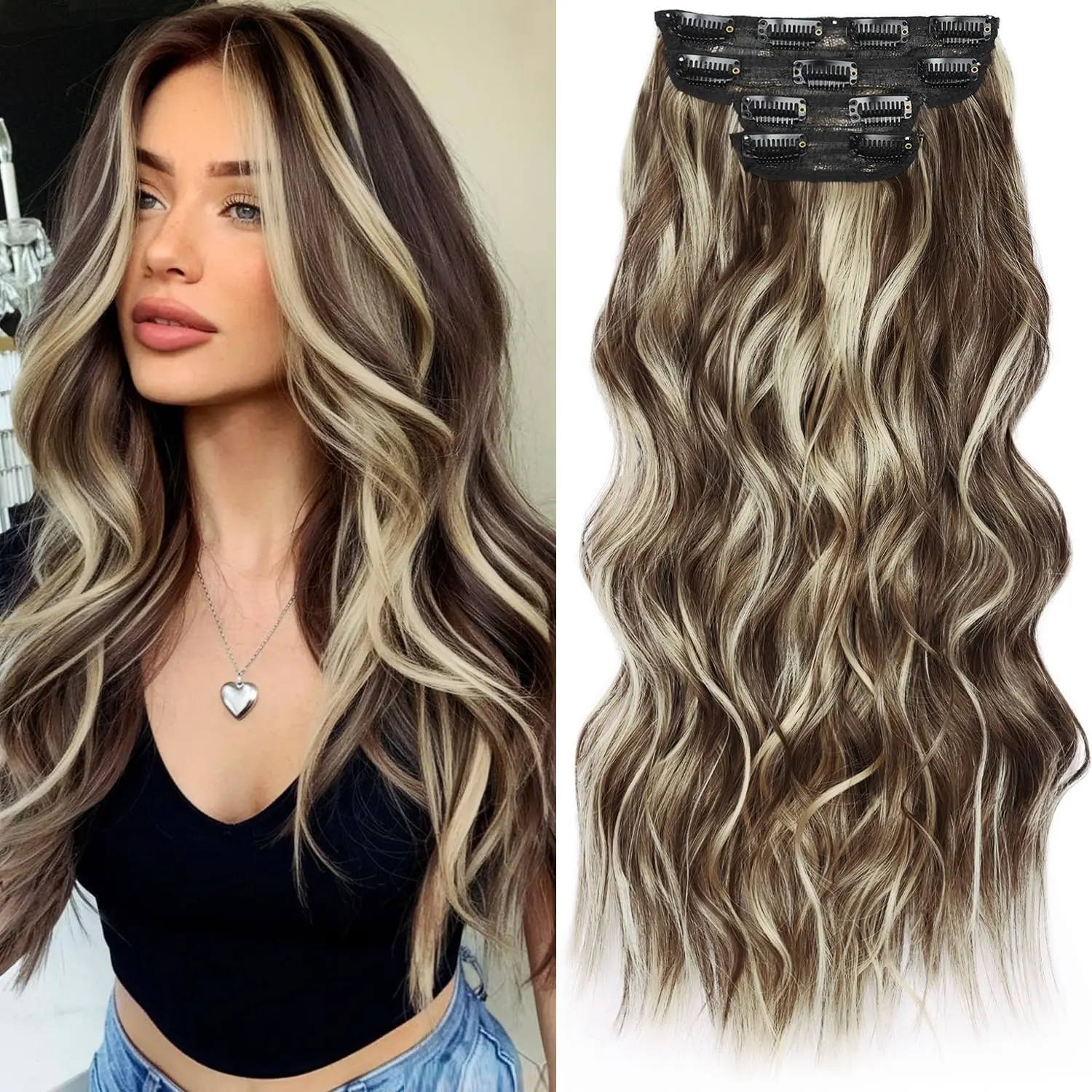 MOCA Women's Clip in Hair Extensions - 4-Piece Synthetic Loose Wave Natural Waves Set, 20/14 in Hairpieces for Natural Volume, Dark Brown Mix Caramel Blonde, Hair Extensions Clip in with Detangling Spray