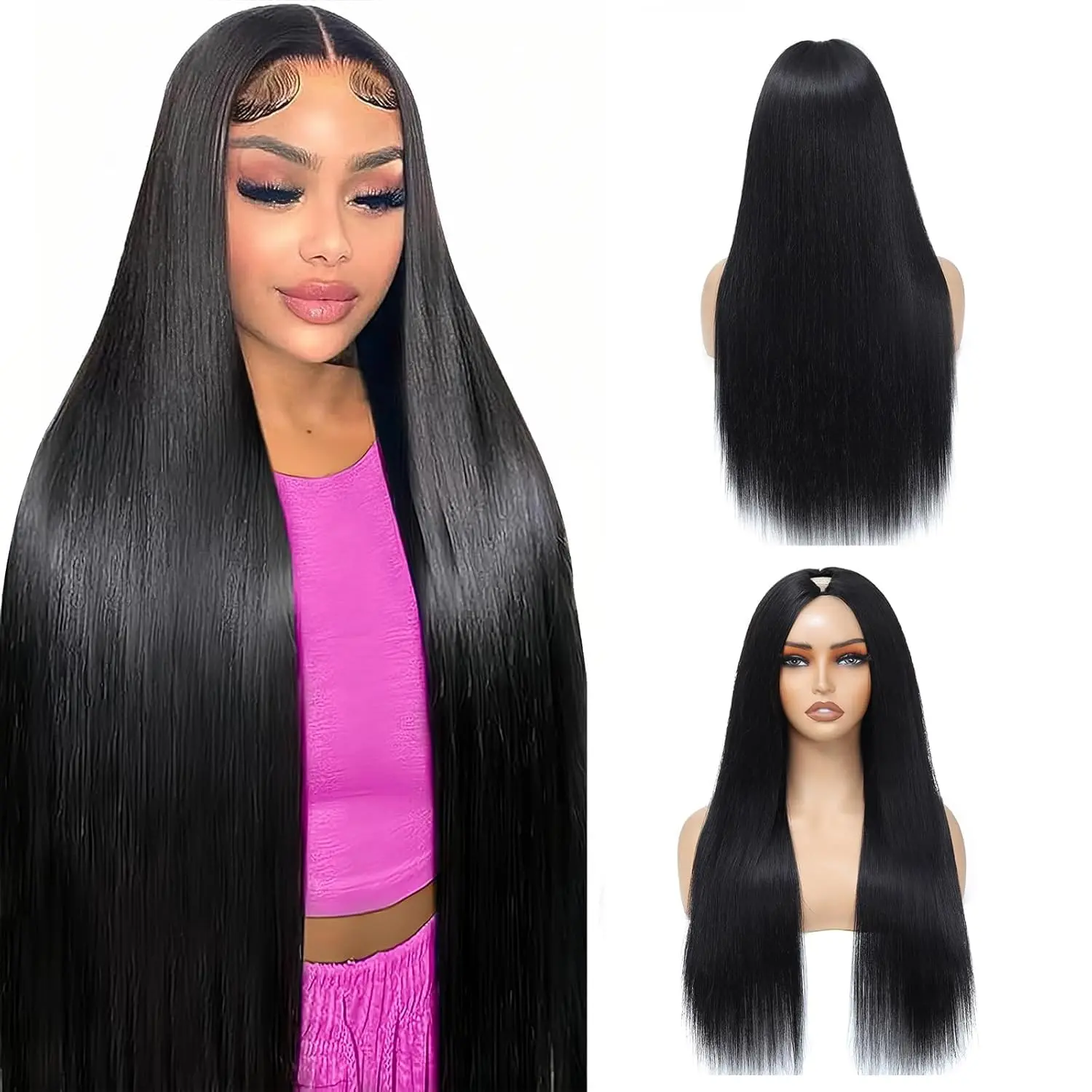 V Part Wigs Human Hair Straight Brazilian Human Hair Wigs for Black Women Upgrade U Part Wigs No Leave Out No Sew in NO Glue Clip in Half Wigs Human Hair 180% Density Natural Color