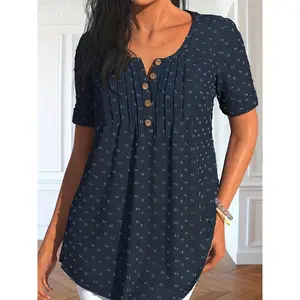 Women'S Plus Size Navy Blue Floral Print Top with Short Sleeves and Button Details - Casual Crew Neck, Non-Stretch Fabric for Spring and Fall, Casual Wear Top | Floral Print Top | Short Sleeve Top