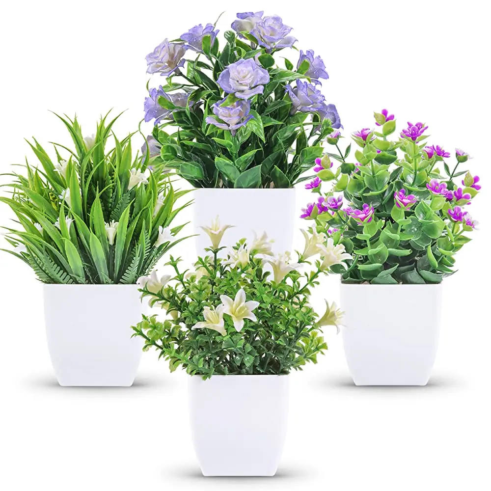 4 Pack Small Fake Plants Mini Artificial Faux Plants with Flowers for Home Room Farmhouse Bathroom Decor Indoor for College Dorm Desk, Apartment Shelf & New Home Moving Decor, summerwins Mid Year Sale,dorm essentials