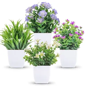 4 Packs Small Fake Plants Mini Artificial Faux Plants with Flowers for Home Room Farmhouse Bathroom Decor Indoor