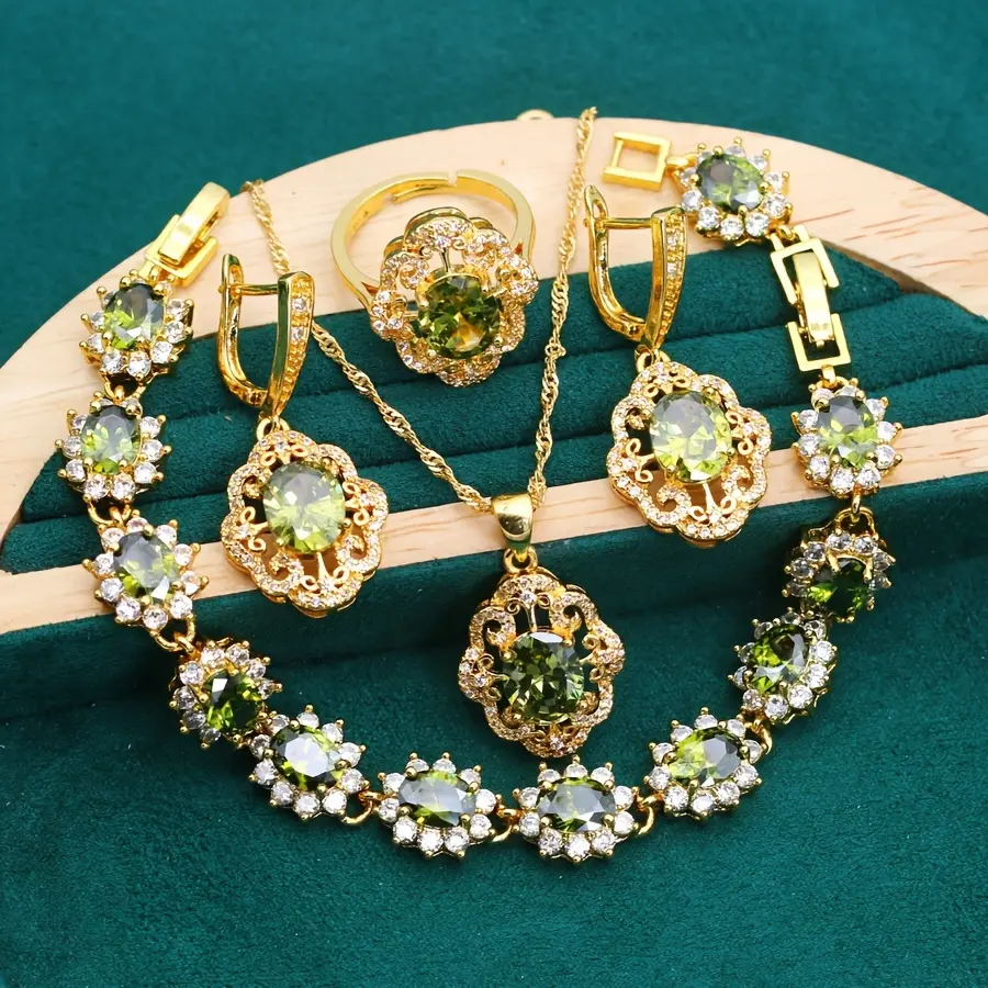 Elegant Style 5PC Bridal Jewelry Set, 18K Golden Plated -Olive Green Cubic Zirconia, Includes Earrings, Ring, Necklace, Pendant, And Bracelet For Weddings Christmas Gift For Women - All Season Wear, High End Jewelry Box Packaging