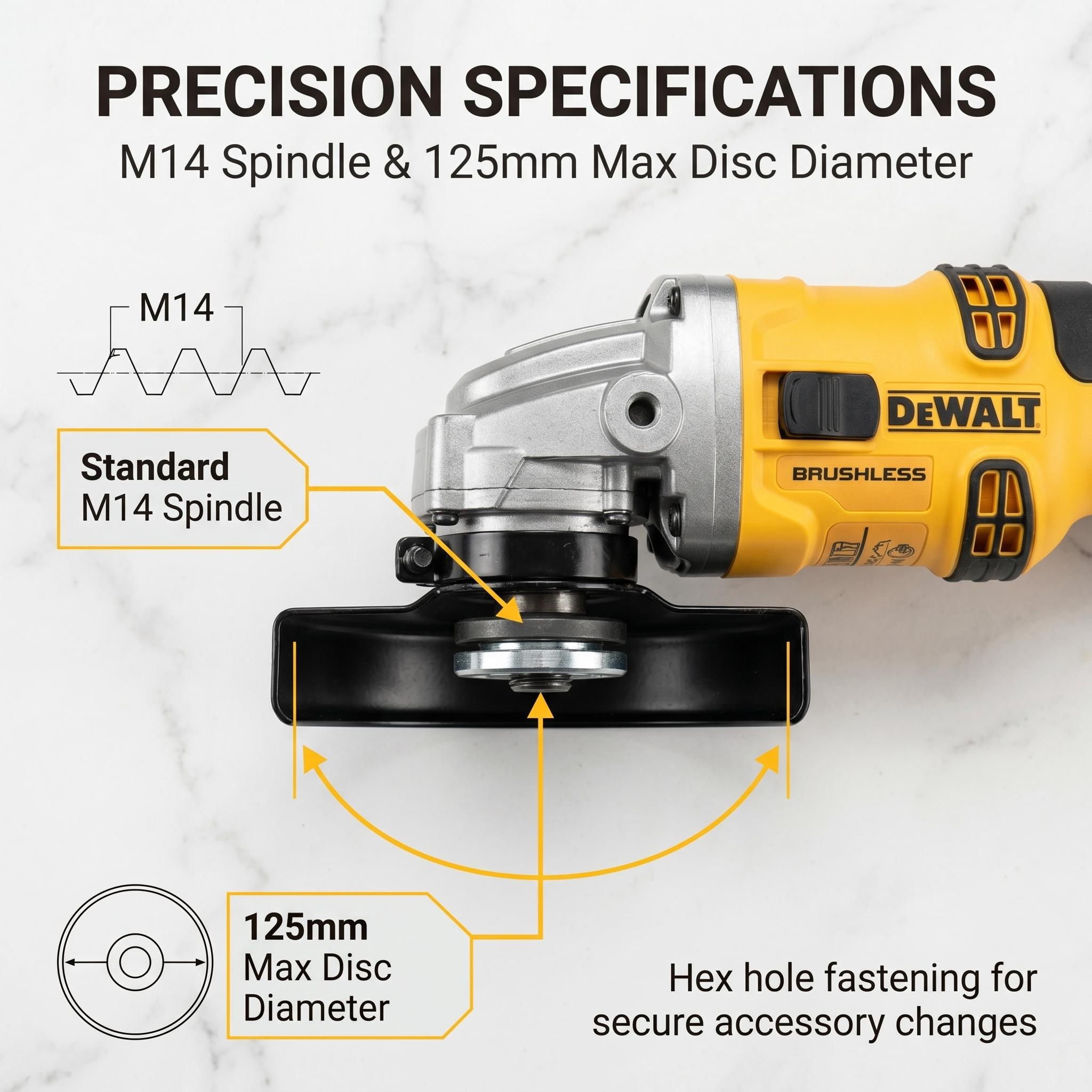 DeWalt DCG405-125 20V Brushless Angle Grinder 125mm Wheel 800W 9000 RPM for Weld Grinding & Pipe Beveling – 6mm Thick, M14 Spindle, Hex Fastening, Full Kit with Battery & Charger
