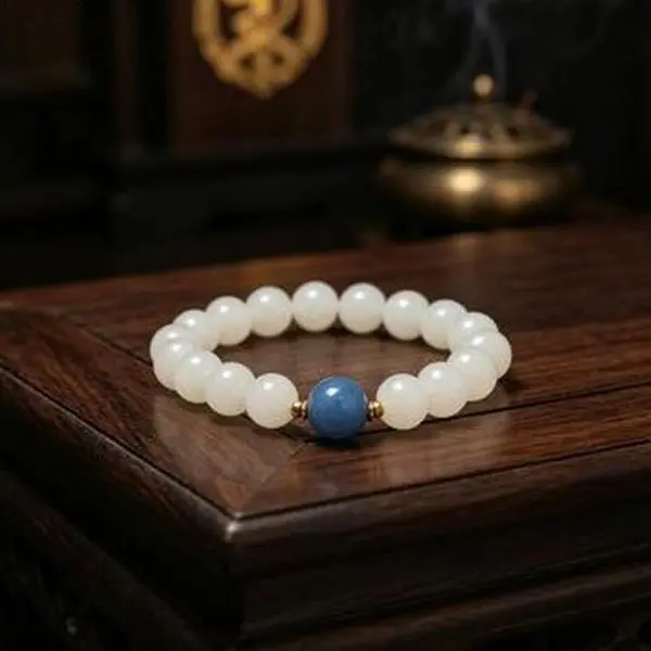 Taoist White Jade Blue Vein Stone Energy Bracelet, Balance Water Element, Calm Mood, Harmonize Five Elements & Attract Noble People Jade Bracelet
