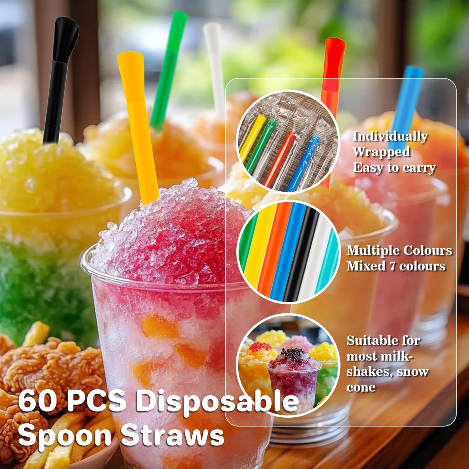 60 PCS Snow Cone Spoon Straws – Disposable Slushie Straws with Spoon, Individually Wrapped Colorful Plastic Straws for Smoothies, Milkshakes, Snow Cones & Party Drinks